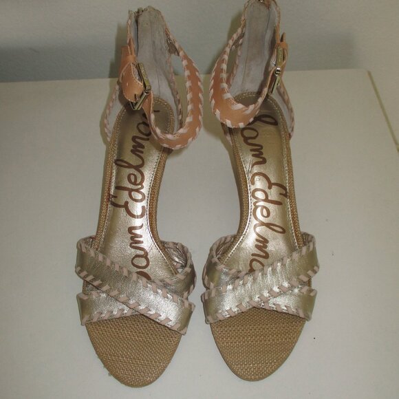 Sam Edelman Womens Tan Gold Leather Ankle-strap Sandal w/2.5" Wedge NWOB -8.5M - Picture 1 of 7